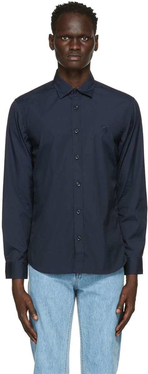 burberry monogram motif slim-fit shirt|Stretch Cotton Shirt in Navy .